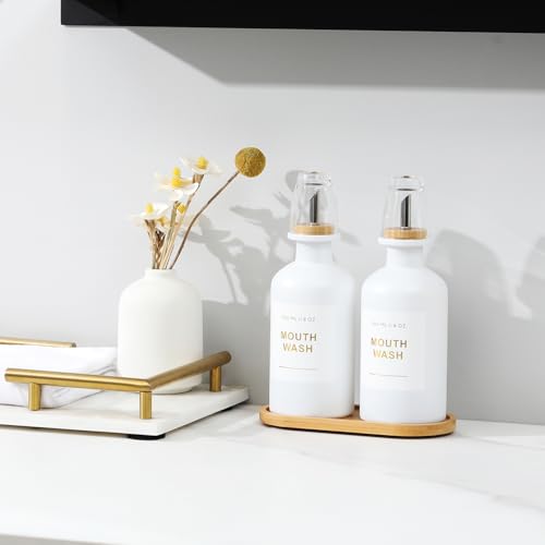 11.8OZ Mouthwash Dispenser, Set of 2, White | Bamboo & Stainless Steel Pour Spout, Mouthwash Cups Reusable, Bamboo Tray, Elegant Gold Label - color: White/350*2