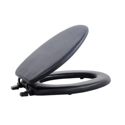PowerSellerUSA Vinyl Soft Elongated Toilet Seat, Adjustable Hinges Toilet Seats with Non Slip Grip Tight Bumpers, Oval Shape Heavy Duty Plastic Bathroom Toilet Seat Close Lid Set, Black - color: Black - Vinyl, size: 19" Elongated