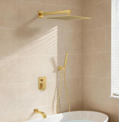 Brushed Gold Shower System with Tub Spout, Wall Mounted Bathtub Shower Faucet Set, 12" Rainfall Shower Head and Handheld Shower Combo, High Pressure Shower Fixtures Set with Rough-in Valve - color: Brushed Gold, style: 12" Wall Mounted Shower System with