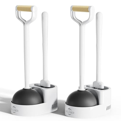 Toilet Brush and Plunger Set, Curved Head Deep Clean, White 2 Pack | Brush and Plunger set, Curved Nylon Bristles for Deep Clean, Strong Suction Plunger, Ventilated Holder for Quickly Air Dry - color: White