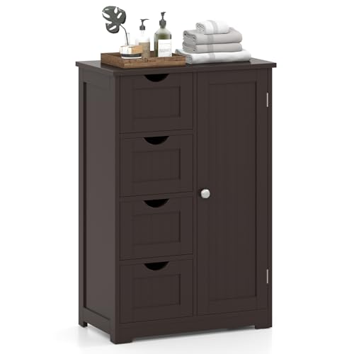 Giantex Bathroom Storage Cabinet with Drawers - 4 Drawer Storage Organizer w/Cupboard, Adjustable Shelf, Anti-Toppling Device, Entryway Storage Unit Console Table, Bathroom Floor Cabinet (Brown) - color: Brown