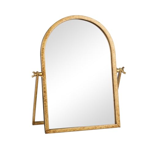 Arched Small Vintage Desk Mirror,Antique Gold Vanity Table Mirror | Metal Frame Vanity Decorative Mirrors 11.8"L x 7.9"W, 360° Adjustable Rotation Makeup Standing Mirrors for Tabletop, Bathroom - color: Antique Gold-arched