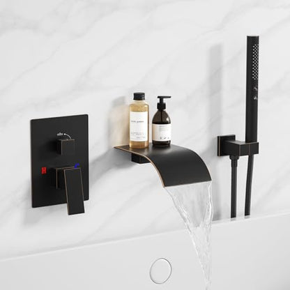 RUMOSE Wall Mount Bathtub Faucet Waterfall Tub Faucet with Handheld Sprayer | Bronze, 2 in 1 Handheld, Modern Bathroom Tub Filler Brass Single Handle Shower Faucet Set, High Flow Rough in Valve - color: Bronze