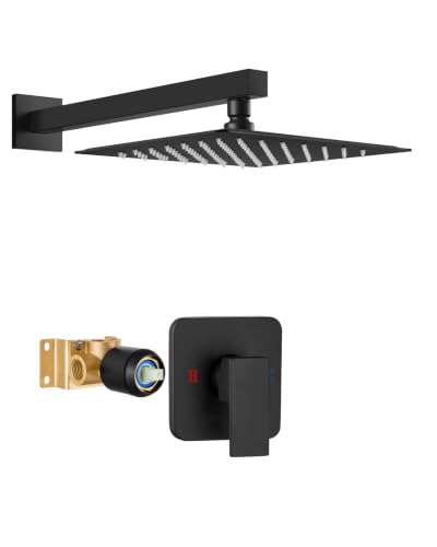 Heyalan 10 Inch Square Rain Shower Faucet Set with Valve, Matte Black | Female-thread 1/2-inch NPT connections, SUS304 shower head, brass rough-in valve, single-handle control Shower Set - color: Black, size: 10 Inch Square Shower Head