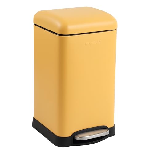 happimess Betty Retro Mini 3.2 Gal Step Trash Can, Daffodil Yellow | Soft-Close Lid, Removable Liner, Iron, Hands-Free Pedal, Satin Finish, Non-Skid Base, Built-In Damper, Modern, Minimalistic - color: Daffodil Yellow