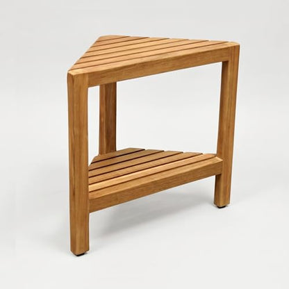 Asta Aris Solid Teak Indoor Outdoor Shower/Bath/Spa Corner Stool with Shelf, Fully Assembled, TB-011A