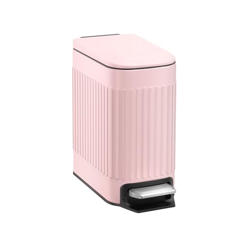 TrashAid Slim Bathroom Trash Can with Lid Soft Close & Pedal, 1.6Gal, Pink | Removable Inner Bucket, Stainless Steel Garbage Can, Small Wastebasket for Toilet/Office/Bedroom, Retro Design, Odor Control - color: Pink