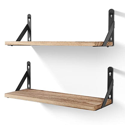 AGM Wall Mounted Shelves Set of 2, Rustic Dark Wood Wall Floating Shelves for Bedroom, Living Room, Kitchen, Laundry Room Storage & Decoration-Light Brown | Light Brown Wall Shelves for Bedroom, Living Room, Kitchen, and Laundry Room Storage and Decoratio