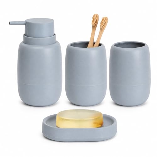4 Pcs Bathroom Accessory Set Complete Bath Ensemble with 18 oz Soap Dispenser Tumbler Soap Dish Modern Decor Vanity Countertop Set for Bathroom