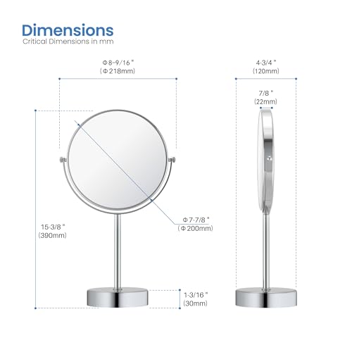 Free Standing Magnifying Makeup Mirror | Dual-Sided 1X/5X Magnification | 360° Rotating Vanity Mirror for Precise Grooming, Skincare & Beauty (Chrome, KMM103) - color: Chrome