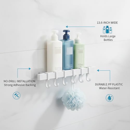 Adhesive Shower Caddy, 13.6-Inch Wide No-Drill Wall Mount Rack for Bathroom & Kitchen, PP Plastic Storage Organizer (1 PC) - color: White