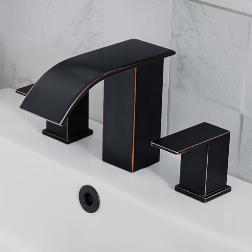 RUMOSE Bathroom Faucets Bronze Bathroom Sink Faucet 3 Hole with Drain | 8 inch Widespread 2 Handles Lavatory Vanity Faucet Set, Waterfall Spout, Deck Mounted, Pop Up Drain, Stainless Steel - color: Oil Rubbed Bronze