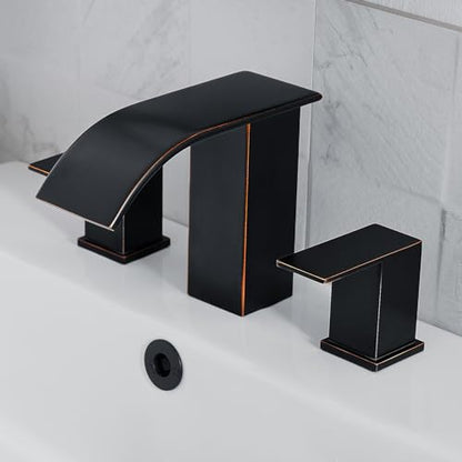 RUMOSE Bathroom Faucets Bronze Bathroom Sink Faucet 3 Hole with Drain | 8 inch Widespread 2 Handles Lavatory Vanity Faucet Set, Waterfall Spout, Deck Mounted, Pop Up Drain, Stainless Steel - color: Oil Rubbed Bronze