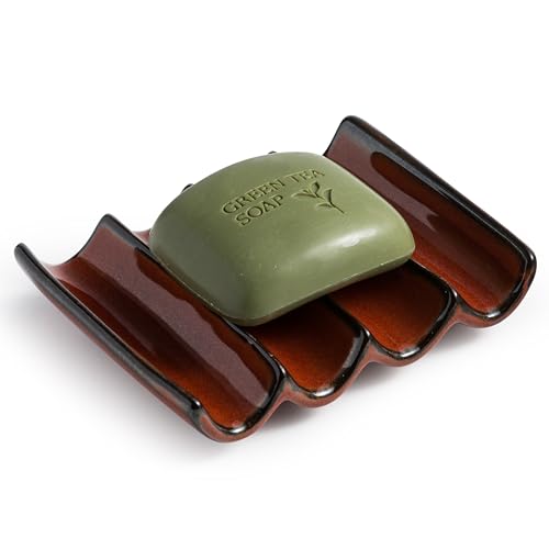 Bathroom Soap Dish for Shower, Bar Soap Holder with Drainage | Ceramic Soap Tray for Bathroom Sink, Sponge Holder for Kitchen Counter | Draining Fluted Design Soap Saver Keep Soap Dry, Red - color: Red, size: Fluted