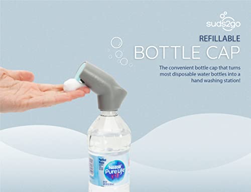 Refillable Caps, 2 Pack - Universal Fit Turns Most Disposable Water Bottles Into A Hand Washing Station - Includes Refillable Soap Reservoir - Conveniently Sized to Take on The Go - color: Gray