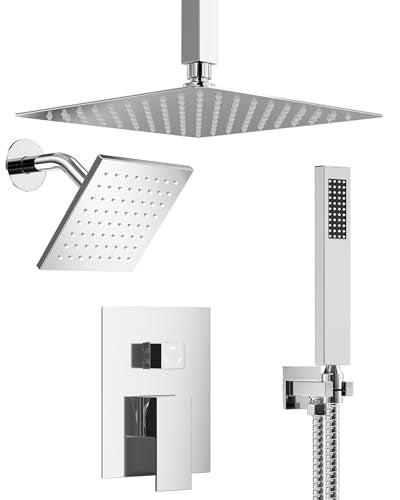 Polished Chrome 3-Function Shower System with 10" Rainfall & 6" Secondary Shower Head, Handheld Combo Set, Wall Mounted cUPC Certified Pressure Balance Valve - color: Polished Chrome