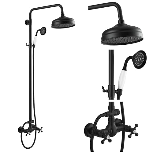 gotonovo Exposed Shower Faucet Set Luxury,Matte Black,Straight Rod | Bathroom 8” Shower Head with Handheld Spray System Fixtures,Vintage Two Cross Handle,Wall Mount,for 5-6.7" Hole,Adjust Height - color: Black