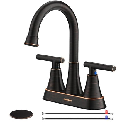 Bathroom Faucet, Hurran 4 inch Centerset 2-Handle Lead-Free, ORB | Bathroom Sink Faucet with Pop-up Drain and Supply Lines, Stainless Steel Faucet for Vanity RV Restroom Laundry Outdoor Sink - color: Oil Rubbed Bronze