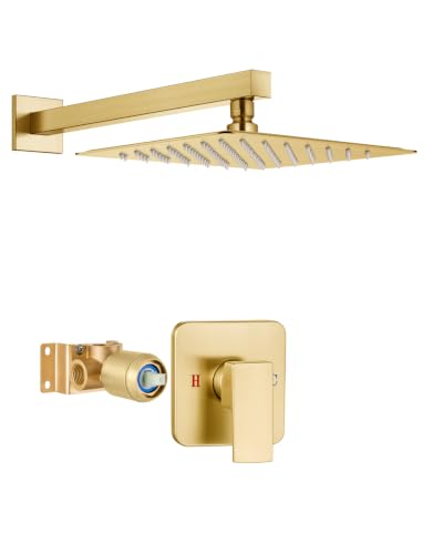 Heyalan 10 Inch Square Rain Shower Faucet Set with Valve, Brushed Gold | Female-thread 1/2-inch NPT connections, SUS304 shower head, brass rough-in valve, single-handle control Shower Set - color: Gold, size: 10 Inch Square Shower Head