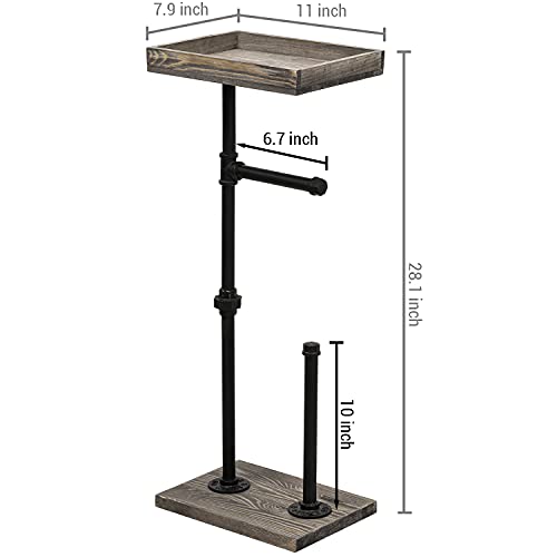 MyGift Freestanding Toilet Paper Holder Stand with Rustic Wood Shelf | Bathroom Tissue Dispenser Rack, Floor Standing Metal Wire Basket, Farmhouse Lavatory Spare Roll Storage Caddy Container