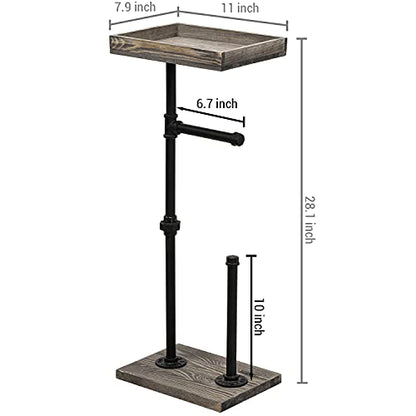 MyGift Freestanding Toilet Paper Holder Stand with Rustic Wood Shelf | Bathroom Tissue Dispenser Rack, Floor Standing Metal Wire Basket, Farmhouse Lavatory Spare Roll Storage Caddy Container