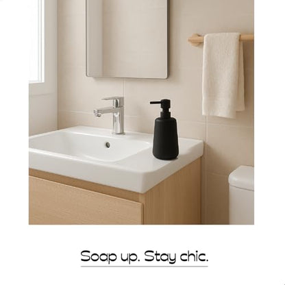 Matte Black Ceramic Soap Dispenser, 13 oz Refillable Bathroom or Kitchen Countertop Dispenser with Soft Touch Rubber Coating | Rubber Paint Finish, Smooth Relaxing Touch, Sleek Modern Shape, Elegant Countertop Accent, Minimal Bathroom Kitchen Decor - colo