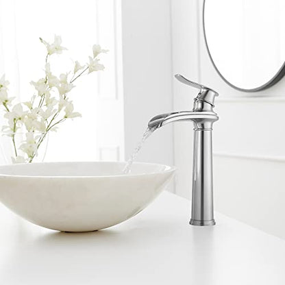BWE Vessel Sink Faucet Brushed Nickel Tall Waterfall Bathroom Faucet | Deck Mount Single Handle One Hole Lavatory Vanity Faucet with Pop Up Drain Assembly and Supply Hose,Solid Brass - color: Brushed Nickel, size: 11.81 inch Vessel Version