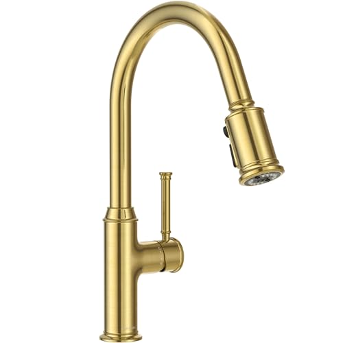 Lava Odoro Curtura Gold Kitchen Faucet with Pull Down Sprayer, Single Handle Kitchen Sink Faucet with Magnetic Docking Spray 3-Function, Brass Faucet for Kitchen Sink 1 Hole and 3 Hole, KF421-SG-M - color: Brushed Gold, style: 3-Mode, Magnetic