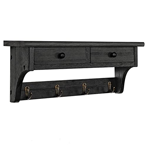 Emfogo Wood Coat Hooks Wall Mounted, Rustic Style with 4 Hooks & Shelf for Entryway, Mudroom, Bedroom, Kitchen, Bathroom (Black) - color: Black