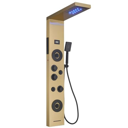 Brushed Gold Shower Panel LED Rainfall Waterfall Shower Head | 6 Functions,Rain Massage,Body Jets,Handheld Shower,Tub Spout,Temperature Display,Wall Mount, Stainless Steel Shower Panel - color: Brushed Gold, style: Shower Panel-LED