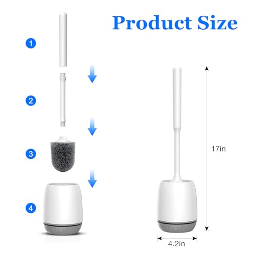 Toilet Brush, 2 Pack Toilet Bowl Brush and Holder Set Ergonomic Long Handle Toilet Scrubber with Ventilated Base for Quick Drying, for Bathroom Cleaning, White & Gray