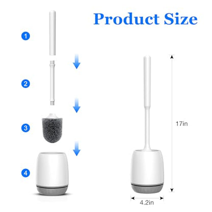 Toilet Brush, 2 Pack Toilet Bowl Brush and Holder Set Ergonomic Long Handle Toilet Scrubber with Ventilated Base for Quick Drying, for Bathroom Cleaning, White & Gray