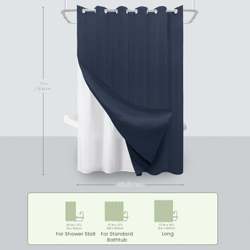 Inhousolu No Hook Shower Curtain with Removable Snap-in Liner, Waffle Weave 230 GSM Polyester, Weighted Hem, Water Repellent Washable, 72 x 72 Inch, Navy Blue - color: Navy Blue, size: 72"W x 72"L (Pack of 1)