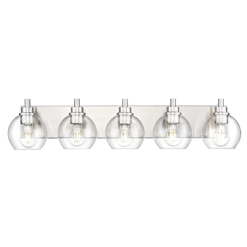 5-Light Brushed Nickel Bathroom Vanity Light, Clear Glass Globes | 32" modern bathroom light fixtures over mirror, E26 base, bulbs not included, VL195-BN-CL-5 - color: Brushed Nickel, Clear Glass, size: 5-light