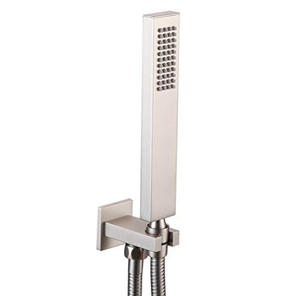 Brushed Nickel Hand Held Shower Head With Wall Connector Hose Set | Square Solid Brass Hand Shower Wand and Fixed Shower Bracket High Pressure Single Function For Bathroom Showers - color: Brushed nickel handheld set