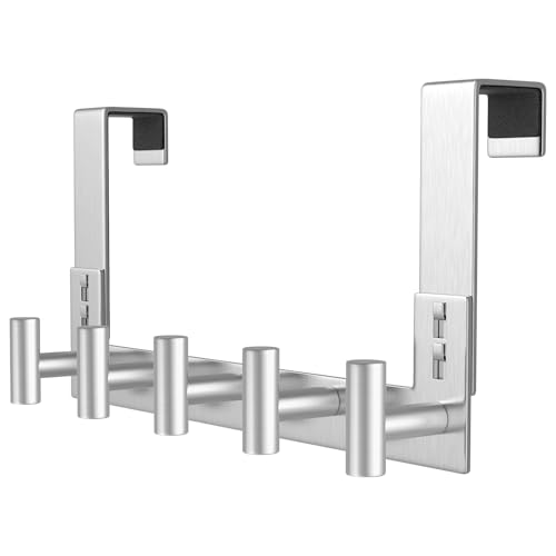HUFEEOH Over The Door Hooks, 1 Pack Stainless Steel Door Hanger for Towel & Coat, Tool-Free T Shape Bathroom & Dorm Hooks for Hanging (Silver, Fits 1-3/4" Thick Door - 5 "T“ Hooks) - color: Silver, size: Fits 1-3/4" Thick Door - 5 "T” Hooks