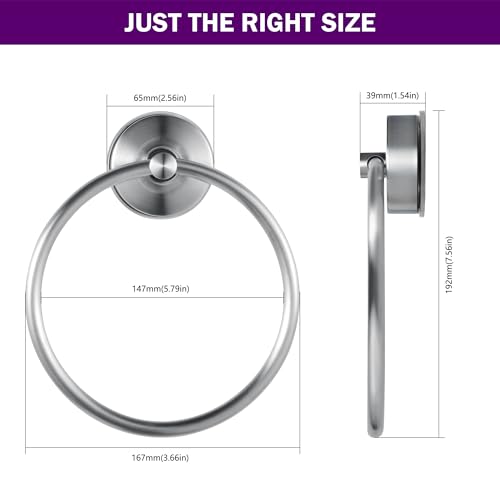 JOMOLA Stainless Steel Suction Cup Towel Ring Holder for Bathroom - Rustproof No Drill Wall Mount Towel Rack, Adjustable & Damage-Free Bathroom Accessories for Shower, Spa, Hotel, Brushed (2-Pack) - color: Silver-2 Pack