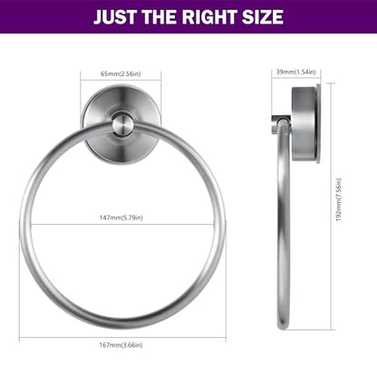 JOMOLA Stainless Steel Suction Cup Towel Ring Holder for Bathroom - Rustproof No Drill Wall Mount Towel Rack, Adjustable & Damage-Free Bathroom Accessories for Shower, Spa, Hotel, Brushed (2-Pack) - color: Silver-2 Pack