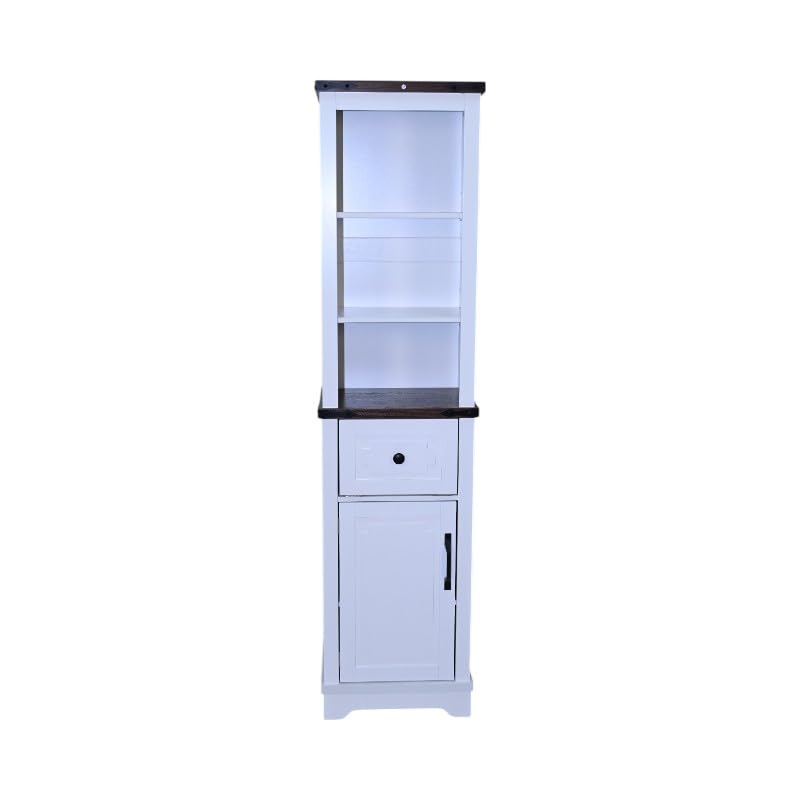Farmhouse Storage Cabinet with Adjustable Shelves, Narrow Tall Linen Tower for Bathroom and Living Room, White with Black Walnut Color