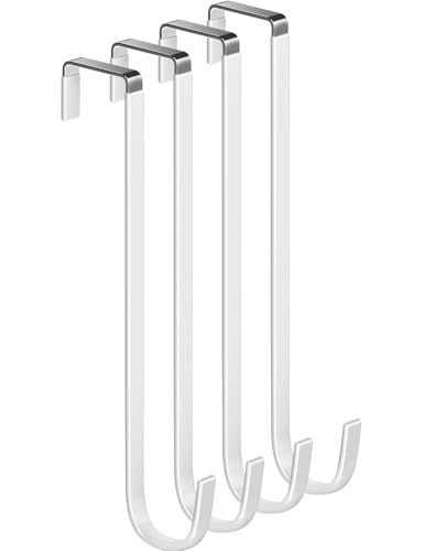 Single Long Over Door Steel Hooks 4 Pack Fit 1-3/8" Door 10" White | Plastic Coated Rubber Feel Towel Rack Robe Coat Shoe Wreath Hanger No Damage No Scratch for Bathroom Heavy Duty Thin Top