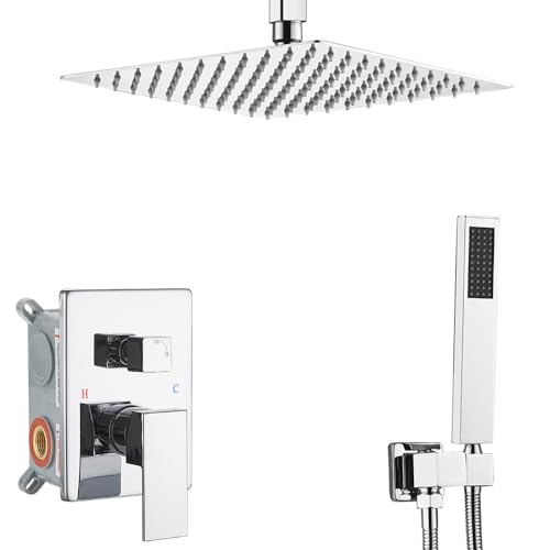 Shower System ‎Polished Chrome Bathroom 10 Inch Rain Shower Head Ceiling Mount with Handheld Luxury High Pressure Shower Combo Set Shower Faucet Rough-in Valve Body and Trim Kit - color: Polished Chrome, size: 10 Inch
