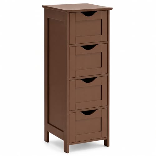 VINGLI 4-Drawer Bathroom Storage Cabinet, Slim Freestanding Floor Cabinet Organizer, 11.8" W x 11.8" D x 32.1" H, Narrow Linen Cabinet for Toiletries, Towels, Toilet Paper, Walnut Brown - color: Walnut Brown, size: 4-Drawer