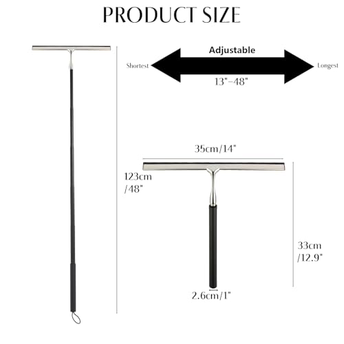 Shower Squeegee with Long Handle – Includes Replacement Silicone Blade, Extendable 13" to 48", 14" Wide for Glass, Mirrors, Windows, Bathroom Tiles & Walls, Telescopic Wiper with Hooks (Black)