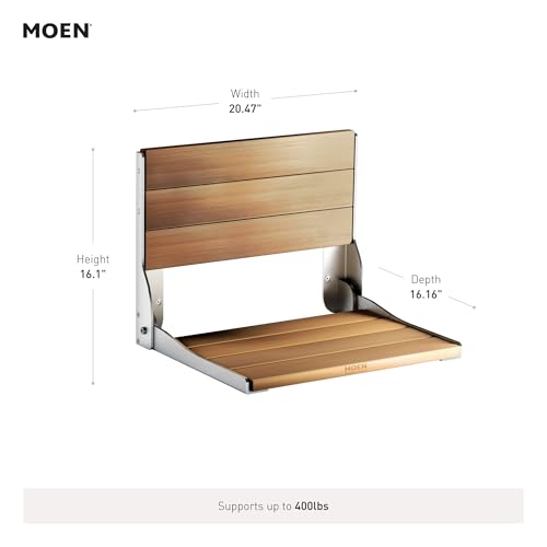 Moen DN7110 Home Care Fold-Down Shower Chair, Teak Wood Bench with Stainless Steel & Aluminum Frame, Wall-Mounted, ADA Compliant, Supports up to 400 lbs - color: Teak Wood