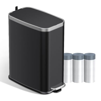 KdbK Stainless Steel Bathroom Trash Can with Lid Soft Close,1.6 Gallon Slim Garbage can,Small Metal Step Wastebasket for Office, Bedroom, Toilet, Black - color: Black