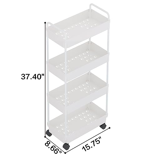 Buzowruil Rolling Storage Cart 4 Tier Organizer Mobile Shelving Unit Storage Rolling Utility Cart with Wheels for Kitchen Bathroom Laundry,White