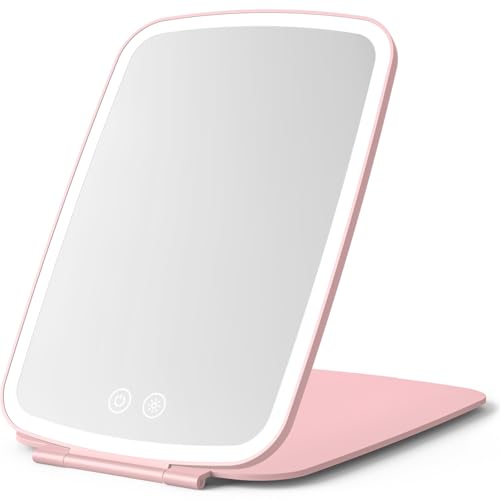 NEZZOE Portable Makeup Mirror, Large Travel Mirror with Light, 10”x7”, Pink | Foldable Makeup Mirror, 2000mAh Rechargeable Battery, 3 LED Lighting Modes, Magnetic Closure - color: 10"x7"-pink