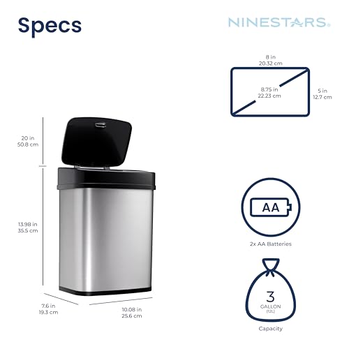 Ninestars 3 Gallon Automatic Trash Can, 12L Touchless Motion Sensor Bathroom or Bedroom Garbage Can with Odor-Sealing Lid, Rectangular Stainless Steel Base, Black Lid - color: Black