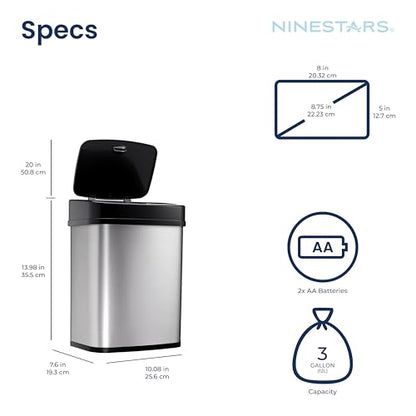 Ninestars 3 Gallon Automatic Trash Can, 12L Touchless Motion Sensor Bathroom or Bedroom Garbage Can with Odor-Sealing Lid, Rectangular Stainless Steel Base, Black Lid - color: Black
