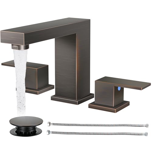 Cobbe Bathroom Faucet 3 Hole, Bronze Bathroom Sink Faucet Widespread | 8 Inch Square with Pop-Up Drain, 2 Handle and 2 Supply Hoses, Lead-Free Stainless Steel, For Vanity, RV, Farmhouse - color: Oil Rubbed Bronze-2, size: 8 Inch Widespread
